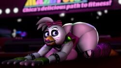 3d 3d_(artwork) ass_focus big_breasts breasts_against_floor casual casual_nudity chickenchicalover female female_only five_nights_at_freddy's five_nights_at_freddy's:_security_breach glamrock_chica_(fnaf) huge_ass huge_breasts no_bra no_underwear public public_nudity robot robot_girl sideass teasing