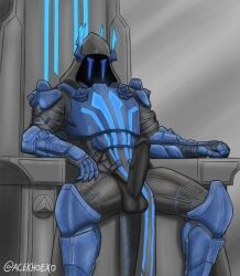 5_fingers acekhoexo arm_down armor balls blue_markings bulge bulge_through_clothing claws digital_media_(artwork) fortnite glowing_eyes grey_balls grey_body grey_glans grey_penis helmet highres ice_king ice_king_(fortnite) loincloth loincloth_bulge looking_at_viewer male masked masked_men nude nude_male penis	 signature sitting solo_male stone throne veiny_penis