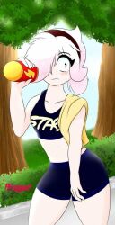 1girls ass bare_shoulders big_butt blush brawl_stars closed_mouth colette_(brawl_stars) crop_top energy_drink eyelashes female female_only hair_over_one_eye headband hips holding_object jogging jogging_in_the_park jogging_shorts light-skinned_female light_body light_skin navel one_arm_up one_eye_covered pale-skinned_female pale_body pale_skin park posing short_hair shorts solo standing supercell sweat sweatdrop sweating thick_thighs thighs topwear towel white_hair