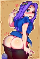 2022 abigail_(stardew_valley) ass blue_eyes blush booty bow_in_hair female female_focus female_only heart long_hair looking_at_viewer looking_back mooning onae one_eye_closed orange_background pants pants_down peace_sign purple_hair stardew_valley sweat thick_thighs thighs tongue tongue_out winking winking_at_viewer