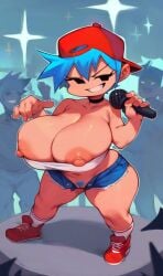 1girls ai_generated backwards_baseball_cap baseball_cap big_breasts blue_hair boyfriend_(friday_night_funkin) casual casual_nudity choker cleavage collarbone creamballz crowd curvy denim_shorts ear female female_boyfriend_(friday_night_funkin) friday_night_funkin full_body genderswap_(mtf) grin holding_microphone large_breasts microphone minishorts mob_face navel nipple_slip no_bra no_underwear open_shorts public public_nudity pussy rule_63 shoes short_hair shorts shortstack smug socks solo sparkles stage stand standing teasing thick_thighs tomboy toned tubetop wide_hips