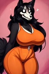 1girls ai_generated anthro anthro_only ass ass_focus big_breasts big_hips black_body black_fur black_hair breasts canid canine canine_skull d-class fangs female female_only fluffy furry furry_only hair hips mal0 malo medium_breasts orange_clothing orange_pants orange_shirt scp scp-1471 scp-1471-a scp_foundation skull solo solo_anthro solo_female tail thick_ass thick_thighs thighs white_pupils