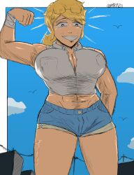 abdomen biceps big_breasts blonde_hair blue_eyes breasts breasts breasts fanart giantess m1r01zu muscular_female planet_(hunter_rank_e) size_difference summer thick_thighs