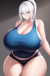 ai_generated blue_eyes blue_tank_top curvaceous curvy curvy_figure gigantic_breasts huge_breasts huge_hips looking_at_viewer nai_diffusion ponytail seductive_smile shiny_clothes shiny_hair shiny_skin short_shorts stable_diffusion tank_top thick_thighs thunder_thighs voluptuous white_hair wide_hips