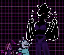 2022 battle_background blush boubatew bra covering_eyes crossdressing darkner deltarune deltarune_chapter_3 flustered full_color garter_belt garter_straps kris_(deltarune) laughing lingerie male_focus open_jacket panties self_upload shadow_man_(deltarune) stockings susie_(deltarune) toriel wearing_others_clothes