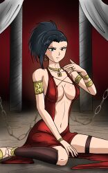 bare_arms bare_legs bare_midriff bare_shoulders bare_thighs belly_button black_hair black_ponytail bracelet chained chains chains cleavage collar concubine dress earrings gold_bracelet gold_collar gold_earrings gold_rings golden_bracelet golden_collar golden_earrings golden_rings harem harem_girl harem_outfit high_heels metal_collar midriff momo_yaoyorozu my_hero_academia navel padlock ponytail red_dress rings silver_eyes slave slave_collar slave_outfit slavegirl stockings thigh_strap