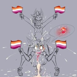 2023 anthro big_breasts bodily_fluids breasts canid canine cum cum_in_pussy cum_inside duo female fox genital_fluids impregnation jrvanesbroek lesbian lesbian_gets_dicked lesbian_pride_colors lgbt_pride male male/female mammal orange_lesbian_pride_colors orientation_play pride_color_flag pride_colors sex stated_homosexuality stated_sexuality vaginal_penetration yellow_eyes yumi_pop_(oc)