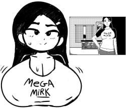 1girls big_breasts black_hair breasts breasts_visible_through_clothing clothed english_text engrish female female_only hairpin huge_breasts long_hair mega_milk meme meme_attire mizuki_(world_of_horror) nipples nipples_visible_through_clothing p-con pixel_art reference_image shirt smile smiling spurhuns world_of_horror