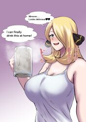 1girls blonde_hair cum_in_container cynthia_(pokemon) dialogue drinking_cum english_text female gokkun happy imminent_gokkun large_breasts long_hair pokemon protohotel_game text thankful