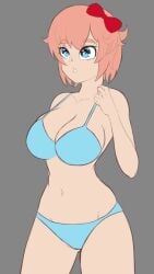 1girls big_breasts blue_bra blue_eyes blue_panties bow breasts cleavage doki_doki_literature_club female hairbow just_sayori light_blue_bra light_blue_panties matching_underwear moca_1atte navel red_bow red_hair_bow red_hairbow sayori_(doki_doki_literature_club) strawberry_blonde_hair