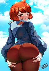 1girls ahoge arezu_(pokemon) ass ass_support back_view big_ass blue_sky bubble_ass coat eye_makeup fat_ass female female_only ginger_hair grabbing_thighs hands_on_ass hands_on_own_ass hood hoodie legwear looking_at_viewer looking_back looking_down low-angle_view makeup nintendo outdoors pokemon pokemon_legends:_arceus presenting presenting_hindquarters red_eyes short_hair signature skin_tight smile smiling sol-sama_d2 solo thick_ass thick_thighs tight_clothing