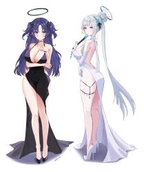 2girls ash_(cat7evy) big_breasts black_and_blue_halo blue_and_white_halo blue_archive blue_eyes blue_hair breasts dress fan hair_ornament high_heels jewelry light-skinned_female light_skin long_hair millennium_science_school_student multiple_girls noa_(blue_archive) seminar_(blue_archive) smile white_hair yuuka_(blue_archive)