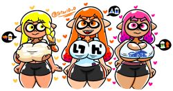 3girls :> big_breasts breast_expansion clothed fangs female_only huge_breasts inkling inkling_girl kaori_(splatoon) nintendo orange_hair pink_hair splatoon starlowo surume_(splatoon) veronika_(splatoon) wide_hips yellow_hair