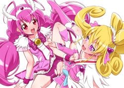 2girls :d aida_mana bike_shorts blonde_hair blush breasts clothed_sex clothing cure_happy cure_heart curly_hair dokidoki!_precure hoshizora_miyuki long_hair magical_girl multiple_girls nipple_tweak nipples pink_hair precure pretty_cure pussy_juice red_eyes senzoc shorts simple_background small_breasts smile smile_precure torn_bike_shorts torn_clothes tribadism twintails white_background young yuri