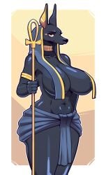 absurd_res amber_eyes anthro anubian_jackal anubis big_breasts black_body black_fur breasts butter_sugoi canid canine canis clothed clothing egyptian_mythology female fur gold_(metal) gold_jewelry hi_res huge_breasts jackal jewelry mammal middle_eastern_mythology mythology nipples solo staff thick_thighs