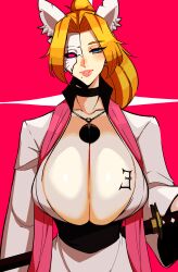 1girls absurdres alecto_0 animal_ears arrancar black_sclera blank_eyes bleach blood blue_eyes body_writing breasts choker cleavage corruption earrings enemy_conversion fake_animal_ears female female_only femsub hole_in_chest hollowfication huge_breasts jewelry long_hair looking_at_viewer mask matsumoto_rangiku mole necklace orange_hair ponytail solo sword