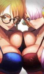 2girls big_breasts bikini blue_eyes breast_press busty chest_bump cleavage didd_ley female female_only glasses keijo!!!!!!!! large_breasts looking_at_viewer multiple_girls nami one_piece orange_hair pink_hair post-timeskip pre-timeskip smile sumo_wrestling tongue_out uta_(one_piece) voluptuous