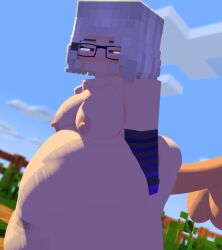 3d armwear cum cum_inflation cum_inside cumflation glasses horny_female human humanoid_penis hyper_belly hyper_penis melanie_thompson_(melinajbt) melinajbt mine-imator minecraft nude_female outside purple_eyes tagme white_hair