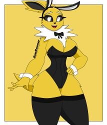 big_breasts breasts bunny bunny_girl bunnysuit clothing eeveelution female fur furry jolteon looking_at_viewer pokémon_(species) pokemon samrunner solo thick_thighs thighs white_border yellow_theme