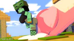 1girls 3d black_t-shirt fishnet_legwear giant_penis green_skin horny_female hyper_penis looking_at_penis looking_back melinajbt mine-imator minecraft monster_girl no_panties no_pants outside smile tagme zombie_girl_(minecraft)