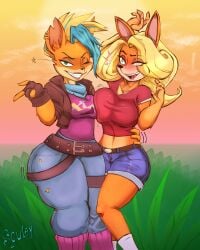 anthro armpits bandicoot blush breast_press breast_squeeze breast_squish breasts clothed clothing crash_(series) female grabbing highlights orange_fur souley69 tawna_bandicoot tawna_bandicoot_(crash_4) yellow_hair