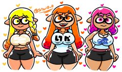 3girls big_breasts breast_expansion clothed female_only inkling inkling_girl kaori_(splatoon) multiple_girls nintendo orange_eyes orange_hair pink_hair splatoon starlowo surume_(splatoon) veronika_(splatoon) white_background wide_hips yellow_hair