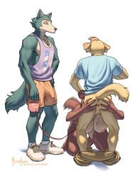 2023 5_fingers anthro anthro_on_anthro anus areola ass athletic athletic_anthro athletic_male backsack balls beastars being_watched big_breasts bird_dog black_nose bodily_fluids bottomless bottomless_anthro bottomless_male bottomwear bottomwear_down breasts brown_body brown_fur bulge butt butt_grab canid canine canis claws clothed clothed/nude clothed_male_nude_female clothing cuckold domestic_dog erection erection_under_clothing eye_scar facial_scar fellatio female finger_claws fingers footwear fur furry genital_outline genitals grey_body grey_fur group hand_on_another's_butt hand_on_butt hi_res holding_butt holding_leash holding_object humanoid_hands hunting_dog jack_(beastars) juno_(beastars) kneeling labrador leash legoshi_(beastars) looking_at_another male male/female mammal meesh muscular muscular_male navel netorare nude obscured_penetration oral pants pants_down partially_clothed pecs penile penis_outline petplay retriever roleplay saliva scar sex shirt shoes shorts signature sneakers spread_butt spreading standing story story_in_description tail tail_motion tailwag tan_body tan_fur tank_top text tongue tongue_out topwear trio url walkies wolf