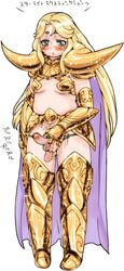 androgynous aries_mu armor balls blonde_hair blush breasts cape color femboy foreskin girly green_eyes japanese_text long_hair male male_only nezumi penis plump saint_seiya simple_background small_breasts solo sparkle spinning standing testicles translation_request trap