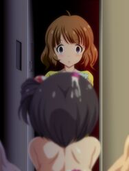 2girls ahoge black_hair blush brown_hair caught cum cum_on_hair door eyebrows_visible_through_hair idolmaster idolmaster_million_live! implied_sex looking_at_another multiple_girls nakatani_iku parted_lips pov sex straight suou_momoko suzumori_kuroku