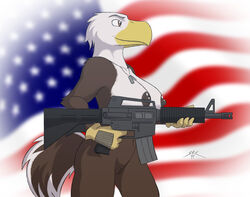 american_flag anthro avian breasts dog_tags eagle female gun m4 nude pussy spotty_the_cheetah weapon