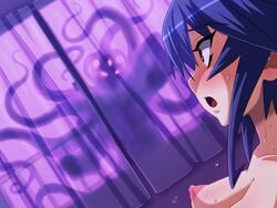 blue_hair blush breasts color curtain fushisha_o human imminent_rape kagano_ai mahou_shoujo_ai mahou_shoujo_ai_san_the_anime monster nipples open_mouth shocked surprised sweat tentacles