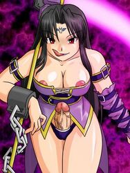 1futa black_hair breasts chains decensored foreskin futa_only futanari huge_breasts intersex licking_lips long_hair penis purple_bonus red_eyes scythe solo uncircumcised uncut