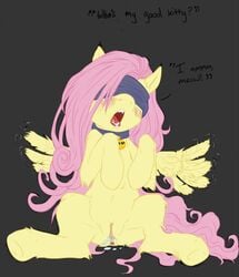 bell blindfold blush buttercup_saiyan collar cute equine female fluttershy_(mlp) friendship_is_magic hair horse my_little_pony pegasus pink_hair pony pussy solo straight_hair tail wings