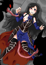 ambiguous_penetration aruse_yuushi black_hair blue_eyes blush breasts castlevania castlevania:_order_of_ecclesia clothed_sex clothing covered_penetration dress female gritted_teeth implied_penetration implied_sex konami long_hair monster nipples penetration rape restrained saliva sex_under_clothes sex_under_dress shanoa tears tentacle_under_dress tentacles_under_clothes tongue torn_clothes