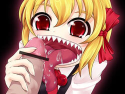 amau_(artist) blonde_hair censor_bar censored fellatio fingernails happy_sex long_fingernails long_tongue nightmare_fuel open_mouth oral penis rumia saliva scary_sex sharp_teeth solo teeth the_embodiment_of_scarlet_devil tongue tongue_out touhou what youkai