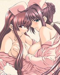 2girls bare_shoulders blush breast_grab breasts brown_eyes clenched_teeth female female_only green_eyes hat kazama_mana long_hair multiple_girls nanase_ren naughty_face night_shift_nurses nurse official_art open_clothes open_mouth red_hair shy sideboob smile undressing yakin_byoutou yuri