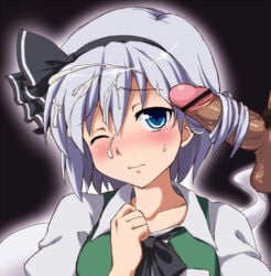 blue_eyess blush bukkake censored clothed cum cum_on_hair face facial hair hairband hairjob hand_on_own_chest hand_to_chest hitodama myon penis pubic_hair sama_samasa short_hair silver_hair solo touhou white_hair wince wink youmu_konpaku youmu_konpaku_(ghost)