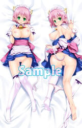 barefoot blush breasts cow_tail dakimakura elf elfleda_mirjasdottir feet fujimon green_eyes highres horns lactation lotte_no_omocha! lying maid maid_headdress panties pink_hair pointy_ears pussy sample tail thighhighs uncensored underwear white_legwear