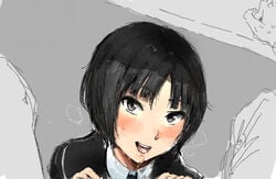 amagami black_eyes black_hair blush bob_cut breath cardigan cum cum_in_mouth naughty_face osakana_(denpa_yun'yun) school_uniform serafuku short_hair smile tachibana_miya under_the_table