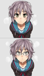 blush collarbone cum cum_on_clothes cum_on_hair face facial glasses highres lappuru leaning_forward messy_hair nagato_yuki purple_hair school_uniform serafuku short_hair simple_background suzumiya_haruhi_no_yuuutsu yellow_eyes