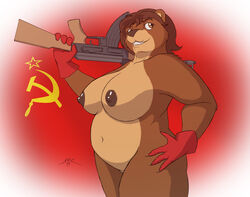 1girls ak-47 anthro bear bear_ears big_breasts breasts brown_eyes brown_fur brown_hair chubby fat female female_only gloves gun holding_weapon natasha nude simple_background smile solo soviet soviet_flag spotty_the_cheetah thick_thighs weapon