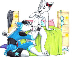 anthro bed bow breasts canine closed_eyes clothing covering cunnilingus eyes female fur furry husky lamp leo licking littlebluewolfleo male natalie nude paws penis red sex star tongue tongue_out wintersnowolf wolf