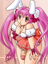 1futa animal_ear breasts bunny_ear chubby decensored di_gi_charat dice foreskin futa_only futanari intersex long_hair looking_at_viewer penis penis_under_skirt pink_hair plump purple_bonus skirt solo solo_futa twintails uncircumcised uncut usada_hikaru