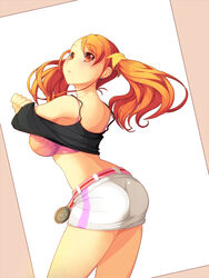 anohana:_the_flower_we_saw_that_day ass belt bra breasts brown_eyes brown_hair earrings female from_behind jewelry koflif lingerie looking_back miniskirt orange_eyes orange_hair pointy_chin skirt solo tank_top tied_hair twintails underwear undressing