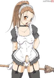 1futa agent_orange balls balls_in_panties blush breasts broom decensored foreskin futa_only futanari intersex long_hair maid maid_uniform panties partially_retracted_foreskin penis solo solo_focus testicles uncircumcised underwear yellow_eyes