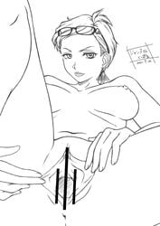 1girls 2010 bayonetta black_and_white breasts censored clitoris daakun female female_only glasses jeanne_(bayonetta) nipple nipples pointless_censoring pussy sega short_hair solo spread_legs spread_pussy