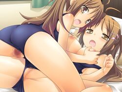 2girls brown_hair censored famima female hairclip multiple_girls pussy yuri