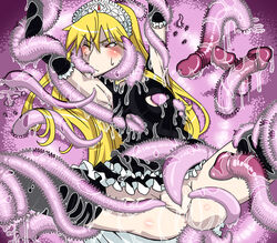 anus armpit armpits arms_up black_dress black_legwear black_thighhighs blonde_hair blush clothes clothing dress hair hime_(kaibutsu_oujo) hinoki kaibutsu_oujo lilianne long_hair no_panties princess_resurrection red_eyes restrained solo spread_legs stockings sweatdrop tentacle tentacle_under_clothes thighhighs tiara torn_clothes uncensored wince