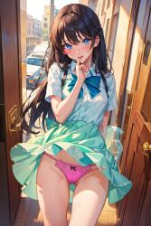 ai_generated bangs black_hair blue_eyes blush bow cameltoe doorway front_door japanese lifting_skirt long_hair original panties pink_panties school_uniform schoolgirl upskirt virgin