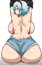 arms_above_head back_view backboob big_ass big_breasts big_butt blue_eyes denim_shorts double_backboob futanari garnet_(ghosffee) ghosffee gradient_hair huge_ass huge_breasts huge_butt looking_at_viewer looking_back original pale-skinned_female removing_shirt short_hair short_shorts shorts silver_hair undressing